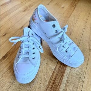 Converse White Low-Top Platform Canvas Sneakers with Sun and Rainbow Embroidery